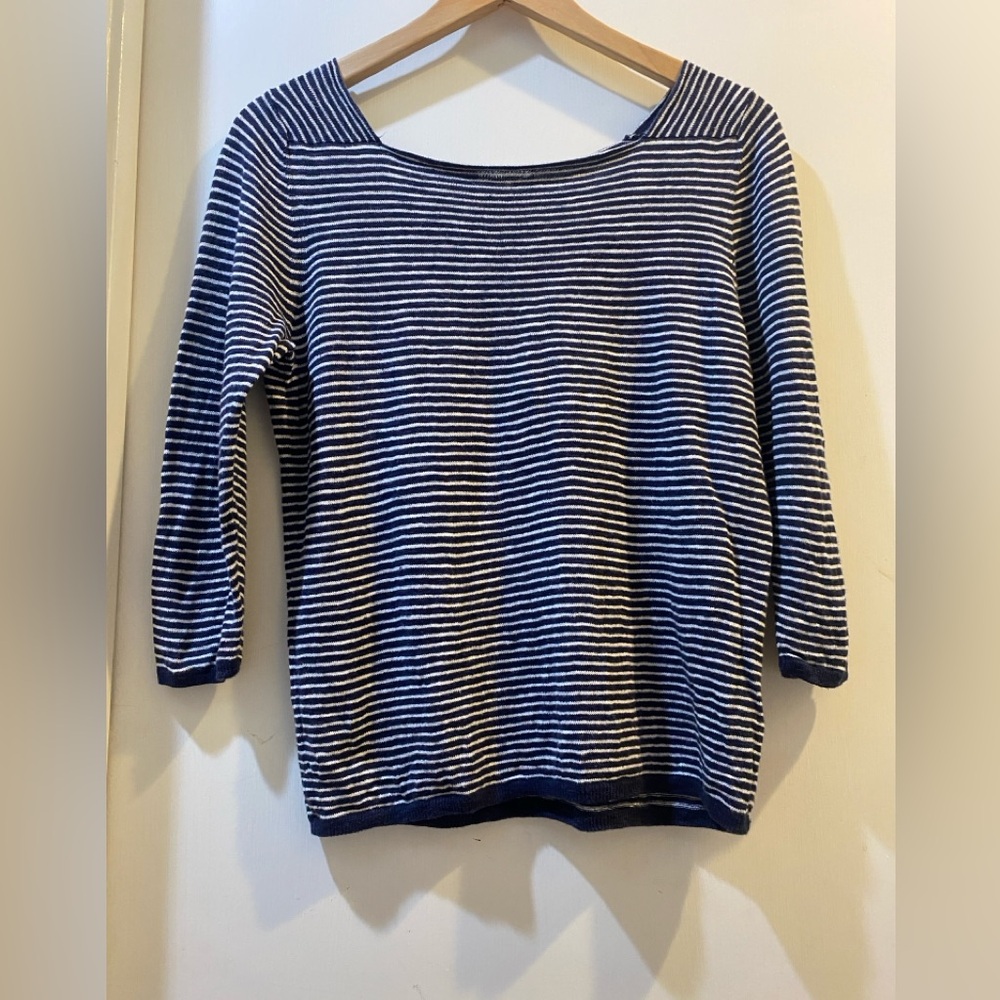 Eileen Fisher Small  Navy and White Stripe Boatneck Organic Linen/Cotton Sweater